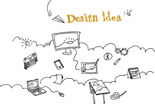 Vector illustration, hand drawing of icons or object related to creative industrial, graphic designer, photography and digital artist. copy space. - Powered by Adobe