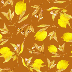 Watercolor seamless pattern with a branch of a lemon. Hand drawn illustration can be used for web page backgrounds, Wallpapers, wrapping paper, greetings, invitations and other designs.