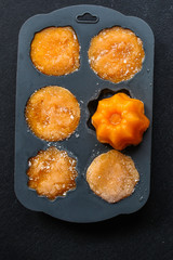 frozen puree orange pumpkin or carrot (preparation, silicone mold, vegetable puree mashed, convenience food) menu concept. food background. top view. copy space