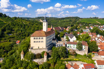 Aerial view, Horneck Castle, Castle of the Teutonic Knights, Gundelsheim, Odenwald,...