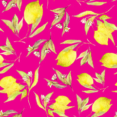 Watercolor seamless pattern with a branch of a lemon. Hand drawn illustration can be used for web page backgrounds, Wallpapers, wrapping paper, greetings, invitations and other designs.