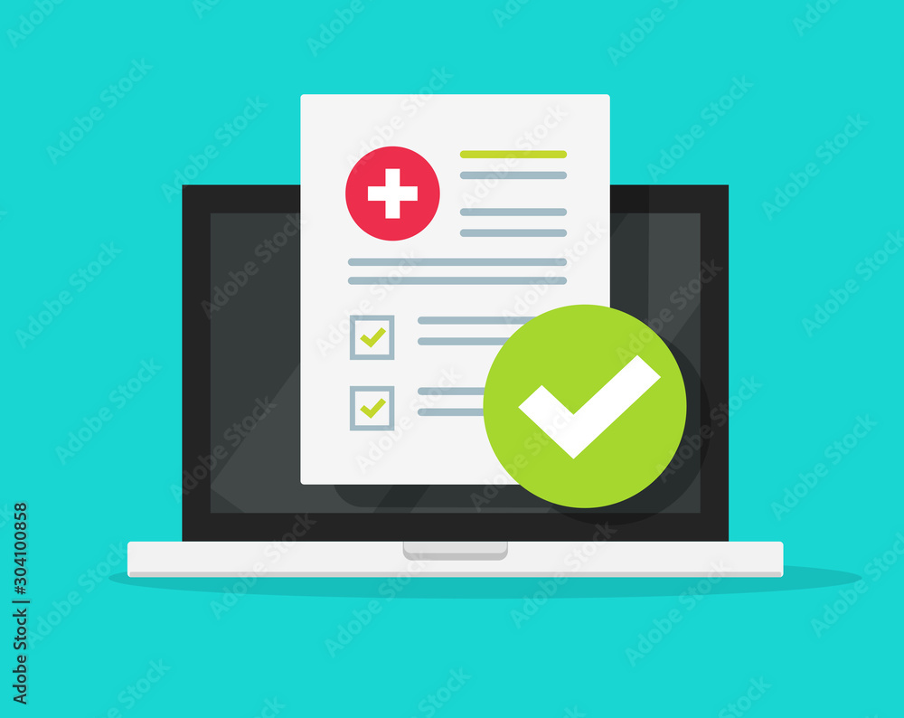 Poster medical form check list with results data and approved check mark online on laptop screen vector ico