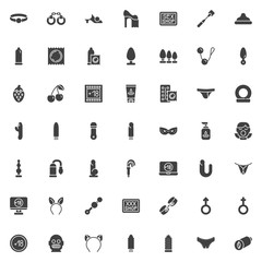 Sex shop vector icons set, modern solid symbol collection filled style pictogram pack. Signs, logo illustration. Set includes icons as Ball gag, handcuffs, condom, butt anal plug, lubricant, dildo toy