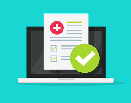 Medical form check list with results data and approved check mark online on laptop screen vector icon, flat cartoon computer and clinical checklist document report and checkbox, tele medicine service