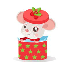 Funny Mouse In Santa Hat Sitting In Red Gift Present Box With Decorations And New Year Star. White Background Vector Illustration. Cartoon Christmas Animal Card. Year Of The Rat.
