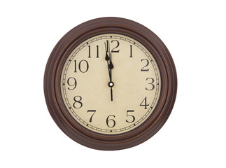 Round brown wall clock isolated on white, 12 o'clock 