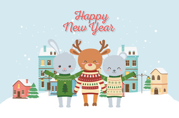 happy new year 2020 celebration cute deer rabbit bear town sown