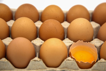 Brown chicken egg in paper box isolated on white background