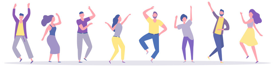Dancing people. Group of young happy dancers or men and women isolated on a white background. Smiling young men and women enjoy a dance party. Flat style. Vector illustration