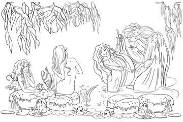 Evening pond, mermaids with long beautiful hair, willow branches, river plants and flowers, frogs, mermaids dance, vector illustration, outline drawing, coloring book