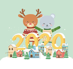 happy new year 2020 celebration cute bear reindeer with sweater town houses snow decoration