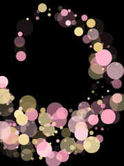 Gold, pink and rose color round confetti dots, circles scatter on black. 