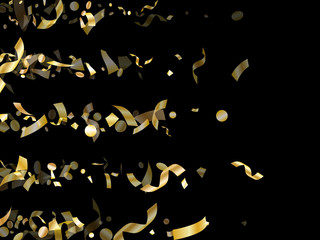 Fototapeta premium Holiday realistic gold confetti flying on black background.