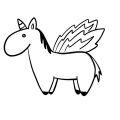vector illustration of a unicorn, on a white background, black and white drawing, children's coloring