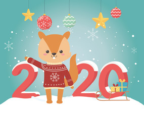 happy new year 2020 celebration cute squirrel with sweater sled with gifts snow balls star