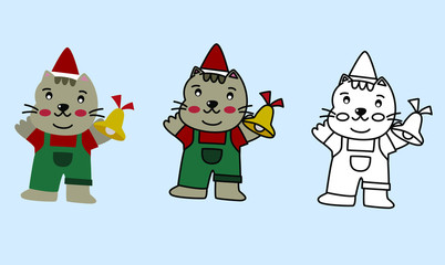 vector of 3 styles of cat or kitten in Christmas costume and decoration bell illustration