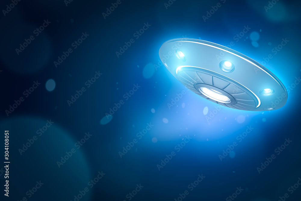 Fototapete 3d rendering of ufo with glowing lights on blue bokeh background with copy space.