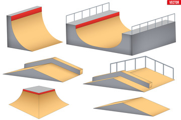 Skatepark elements. Different figures for urban skate park. Funbox and ramp and rail. Vector Illustration isolated on white background.