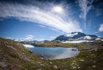 Mountain lake panorama near toristic road Sognefjellet Norway