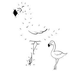 vector illustration of a children's game, connect the dots, on a white background, figure, flamingo