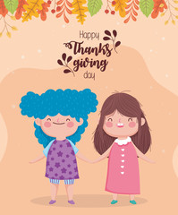 happy thanksgiving day cute little girls holding hands leaves