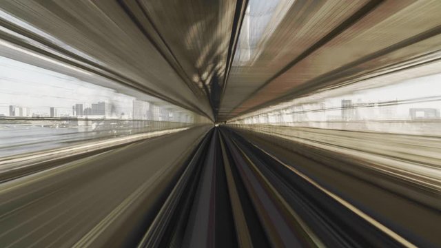 4K point of view Hyperlapse time-lapse of automated train moving forward crossing Rainbow bridge to Odaiba in Tokyo, Japan. Advanced transportation system, Asia tourism, transport technology concept