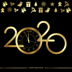 Happy 2020 new year golden card with clock on black. Vector