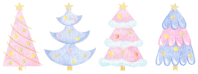 Christmas trees in different styles. Watercolor set of stylized illustration. Christmas tree collection for holiday xmas and new year. Can be used for greeting card, invitation, posters, textile.