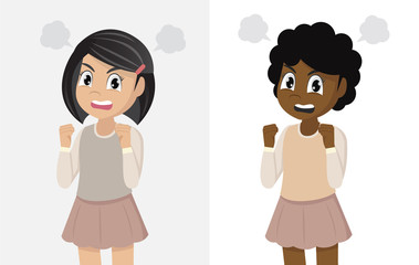 Cartoon character Poses, Angry girl standing., with a disgruntled look on her face.