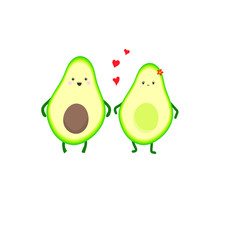 Cute kawaii avocado couple with hearts for Valentine's day. Vector illustration, avocado love, isolated on white background, hand drawn.