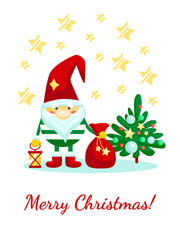 Christmas gnome with gifts, Christmas card.  
