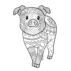  vector illustration of a pig, on a white background, black and white drawing, meditation, adult coloring