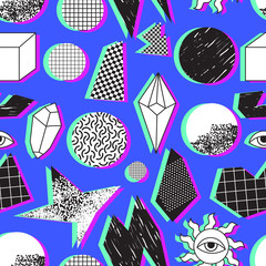 Seamless pattern with abstract geometric figures in black and white on blue background. Vector illustration with geometric, dotted and line textures in 90s and 80s style. Pop and rock tile background.