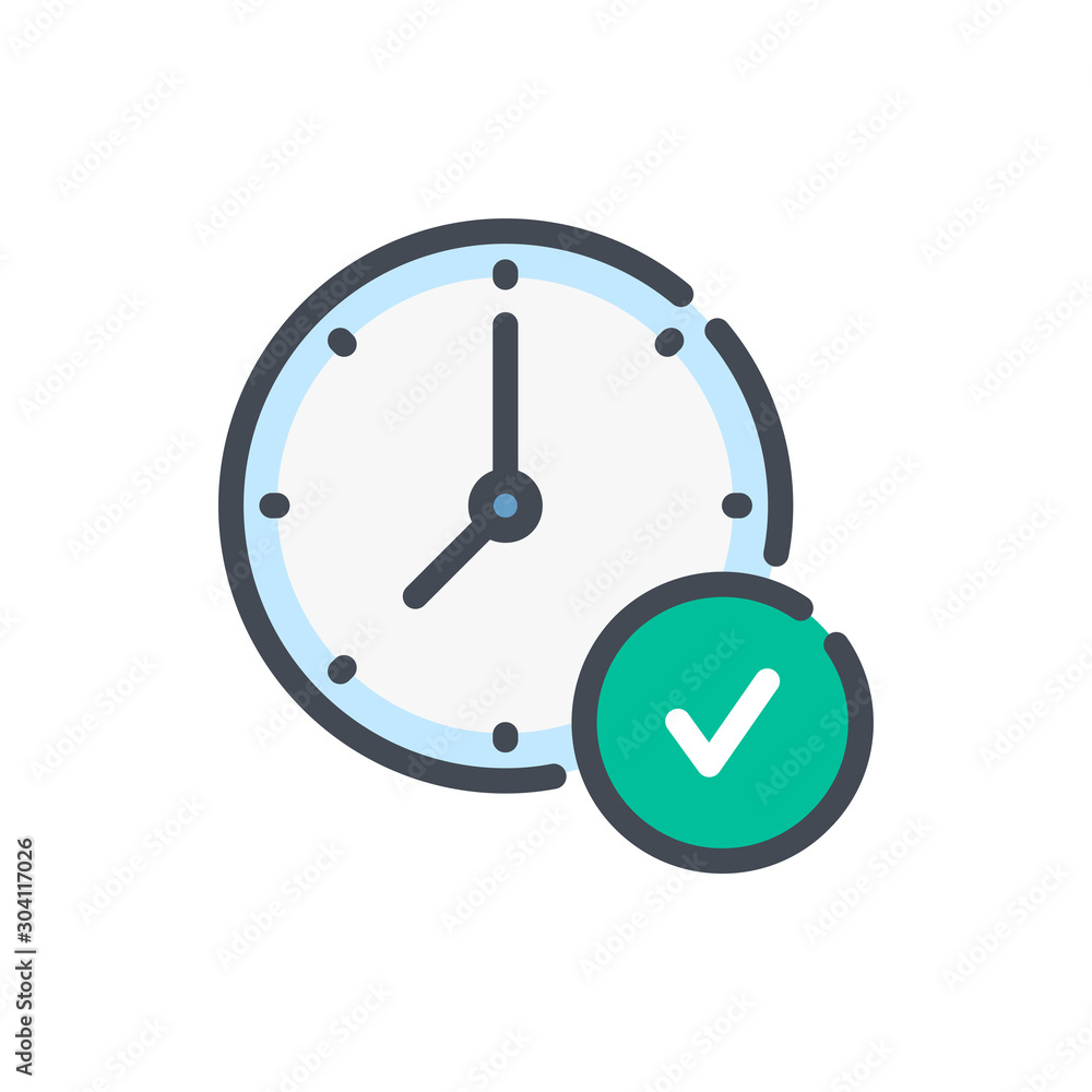 Poster time and clock with check button color line icon. watch and time management management vector outlin