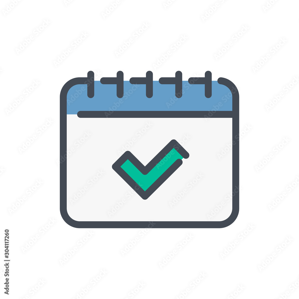 Poster calendar with check mark color line icon. data reminder with tick vector outline colorful sign.