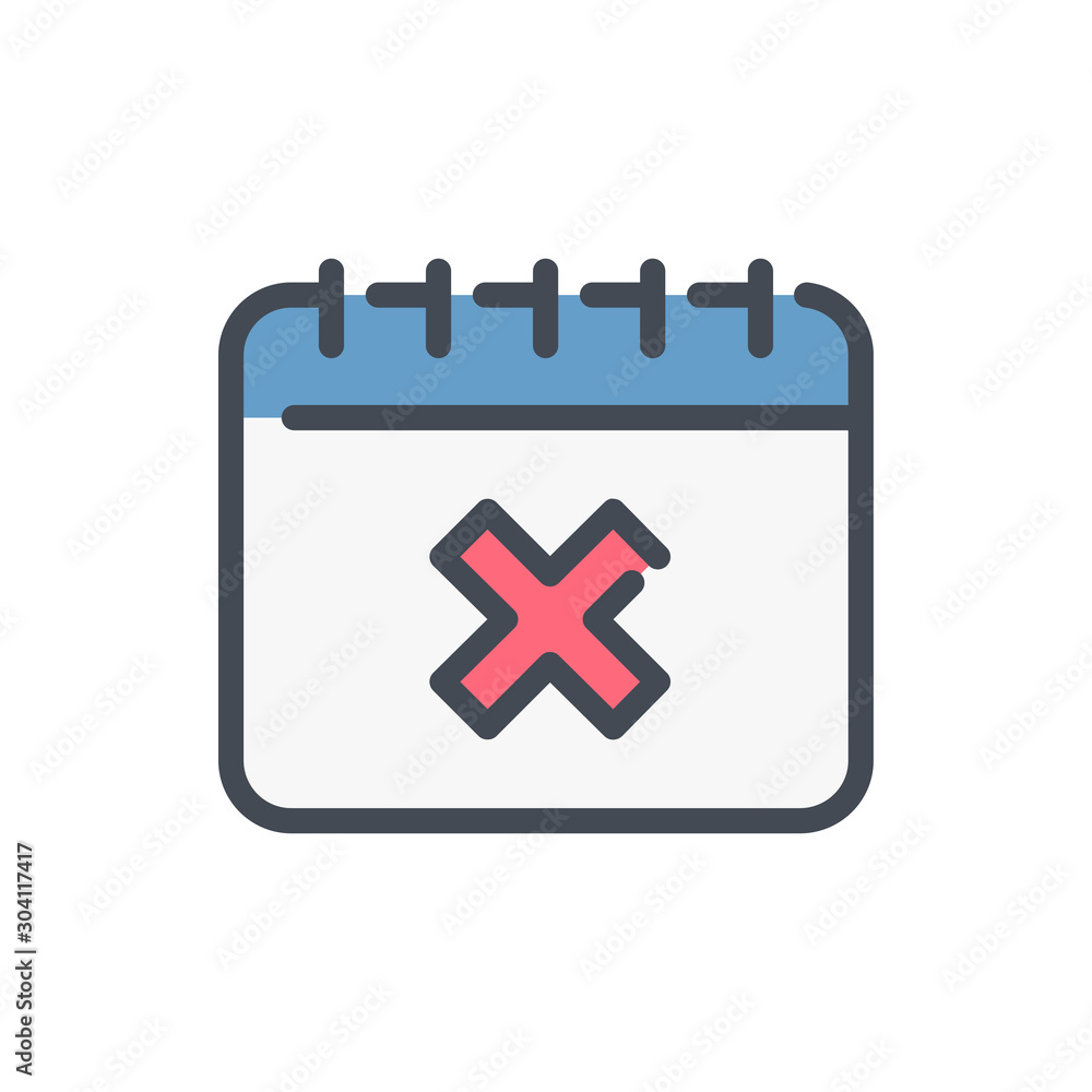 Poster calendar with decline cross color line icon. data reminder with x vector outline colorful sign.