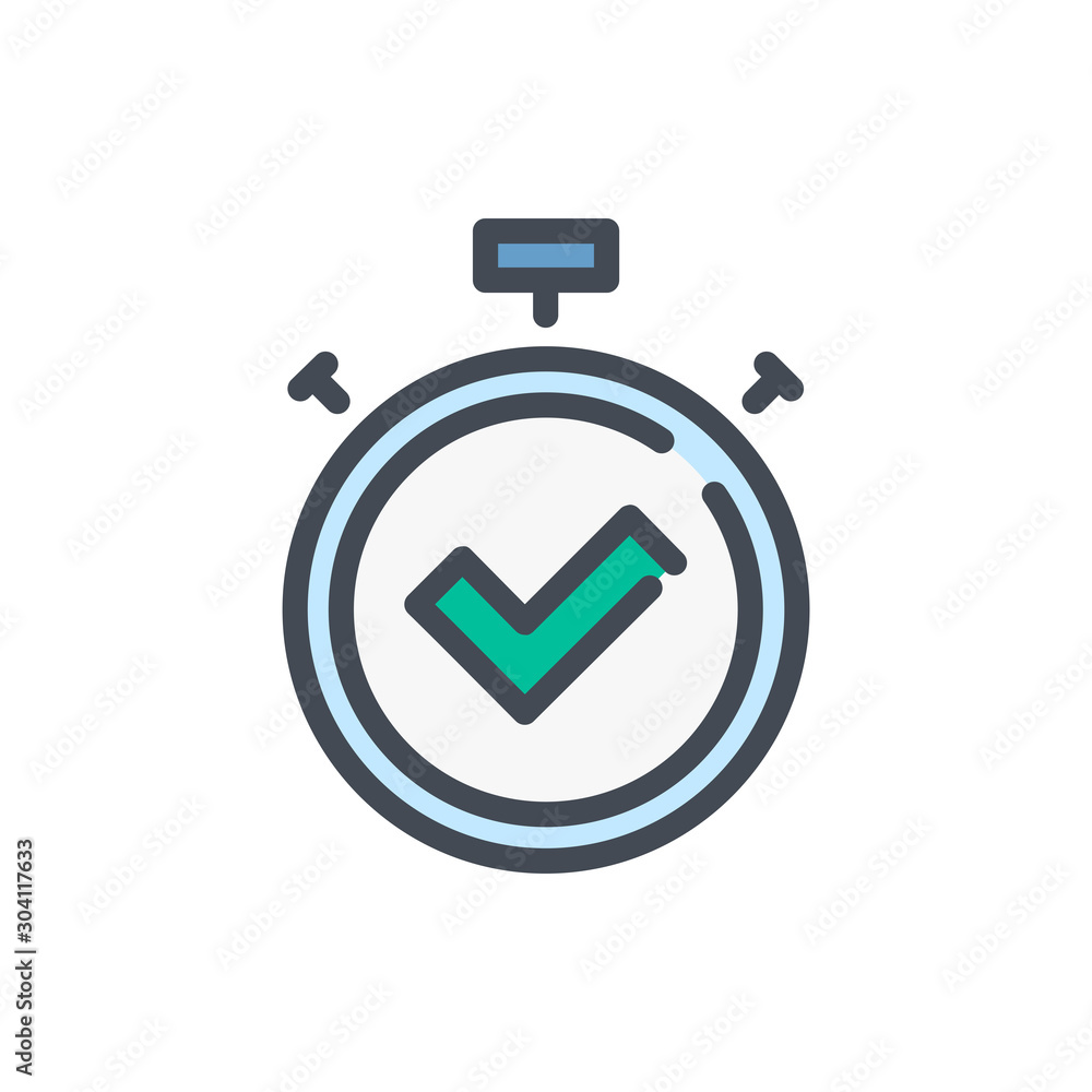 Poster stopwatch with check mark color line icon. timer countdown with tick vector outline colorful sign.