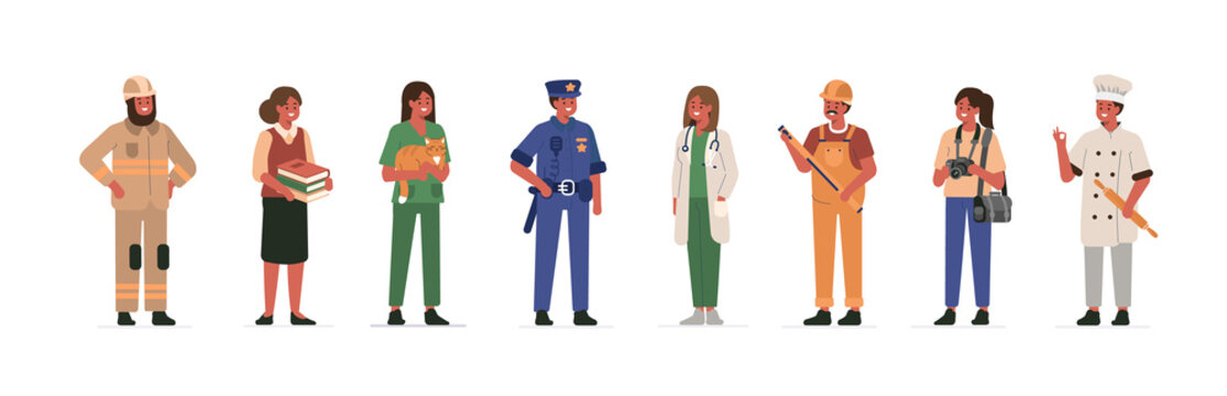  Different Professions People Characters Standing Together. Woman and Man Wearing Professional Uniform. Construction Worker, Doctor, Teacher, Policeman, Fireman. Flat Cartoon Vector Illustration. 