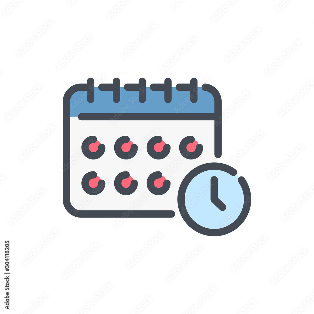 Poster calendar with clock reminder color line icon. schedule with time vector outline colorful sign.