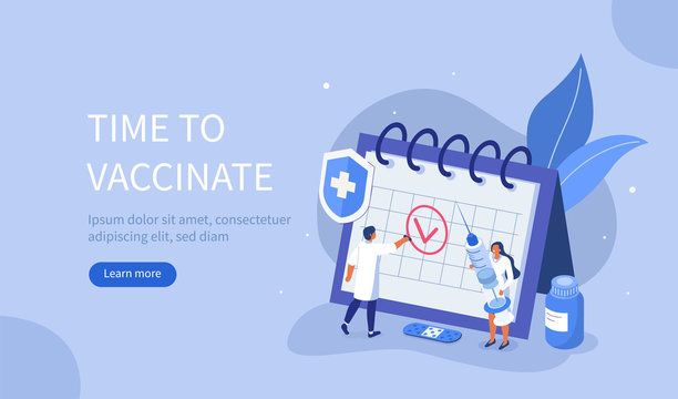  Medical Staff take care about People Immunity. Doctor Create Vaccination Schedule. Nurse holding Syringe. Immunization Campaign Concept. Flat Isometric Vector Illustration.