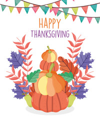 Obraz na płótnie Canvas happy thanksgiving celebration pile pumpkins pennants and foliage