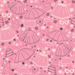 Vector lineart skirts, glasses and bags seamless pattern on pink background