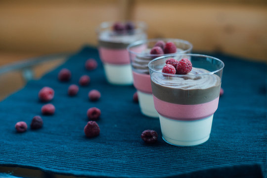 Sweet chocolate tiramisu at the black table