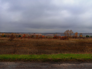 Autumn rural landscape. Bright autumn vegetation. The sky before the rain with low clouds.