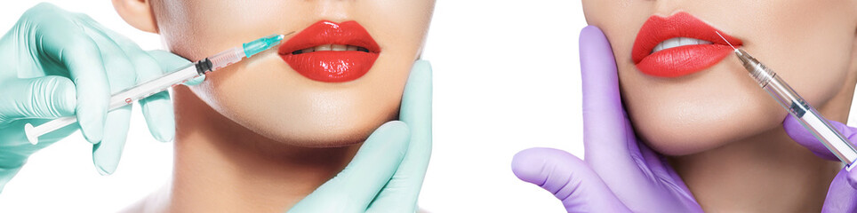 Set sensual lip with syringe. Injection into lip for augmentation