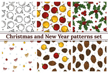Set of seamless pattern with christmas balls, bow, holly and cone