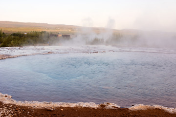 Geysir destrict in the south of Iceland.The Strokkur Geyser erupting at the Haukadalur geothermal area, part of the golden circle, Iceland, Europe