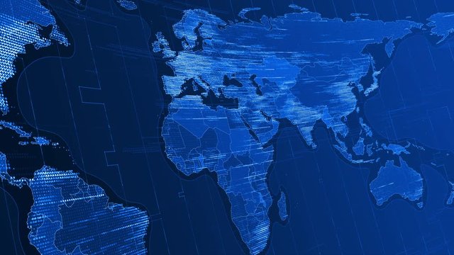 seamless loop 4K motion graphics backdrop of the stylizedt digital world map spinning. Great for news, current events and business