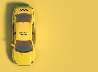 Yellow taxi car on a yellow background with free space for text or logo. Top view. 3D rendering. © Garan Julia