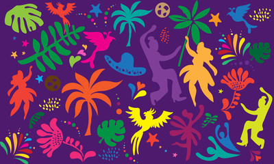 Fototapeta na wymiar Brazilian Carnival 2024 Samba Festival Abstract Summer Holiday Beach Party festival carnival banner with birds, palm tree leaves, dancer women people flowers tropical icon pattern fiesta vector